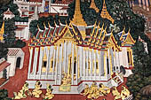 Detail of 'Ramakien' mural painting  - temple of the Emerald Buddha, Bangkok . Architectural elements in the panels are adapted from the real palaces and temples of the capital. 